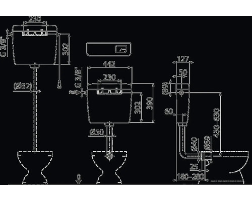 Technický výkres splachovací nádrže s rozměry.