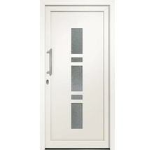 Bílé vchodové dveře se skleněnou vložkou a nerezovou klikou