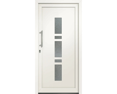 Vchodové dveře plastové Lisa 1000x2100 DIN L bílé Bílé vchodové dveře se skleněnou vložkou a nerezovou klikou
