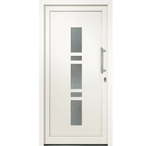 Bílé vchodové dveře se skleněnou vložkou a nerezovou klikou