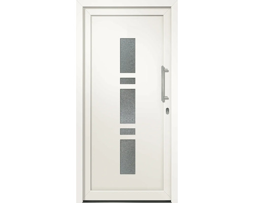 Vchodové dveře plastové Lisa 1000x2100 DIN P bílé Bílé vchodové dveře se skleněnou vložkou a nerezovou klikou