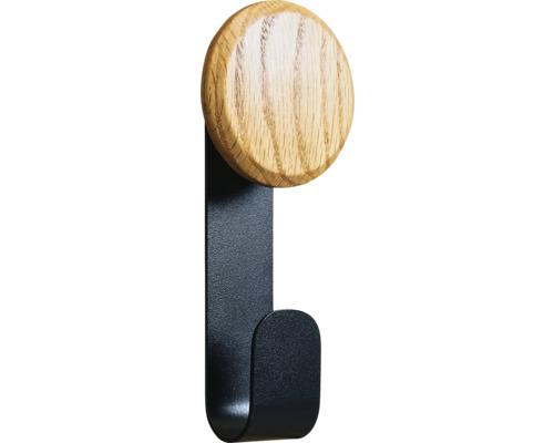 Sonava Function háček černý práškový s dřevěnou hlavou přírodní, balení = 4 kusy včetně upevnění Nástěnný hák s kulatou dřevěnou hlavou a kovovým hákem