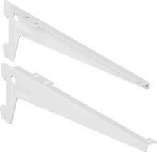 Dva bílé držáky polic pro montáž na stěnu.