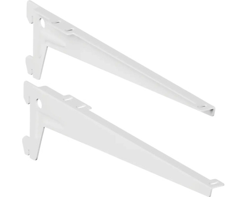 Dva bílé držáky polic pro montáž na stěnu.