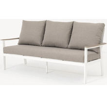 Zahradní pohovka se třemi sedadly, bílými nohami a šedými polštáři