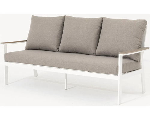 Zahradní pohovka se třemi sedadly, bílými nohami a šedými polštáři