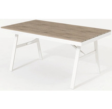 Obdélníkový stůl se vzhledem dřeva a bílým rámem