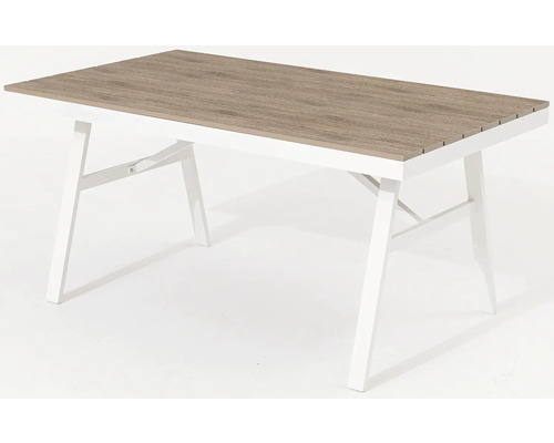 Obdélníkový stůl se vzhledem dřeva a bílým rámem