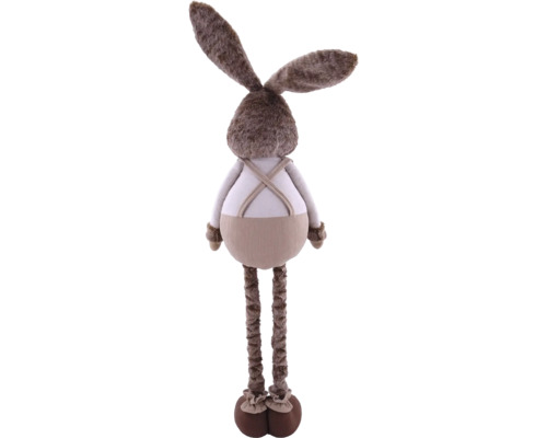 Plyšový zajíc s dlouhýma nohama a laclovými kalhotami