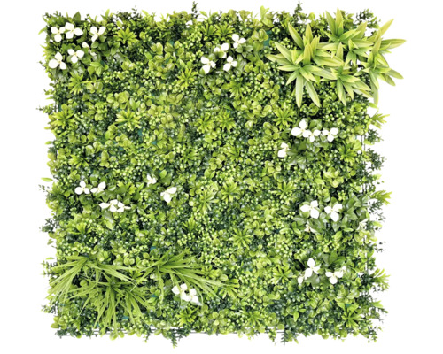 Umělá rostlinná stěna Desert Oasis 100 × 100 cm Čtvercový dekorativní prvek s umělými zelenými rostlinami a bílými květy pro nástěnné dekorace