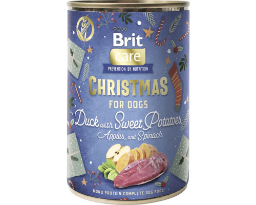 Vánoční krmivo pro psy Brit Care s kachnou, sladkými bramborami, jablky a špenátem, bez obilovin.