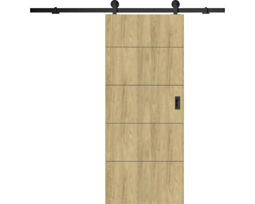 Dřevěné posuvné dveře s černou pojezdovou lištou a madlem