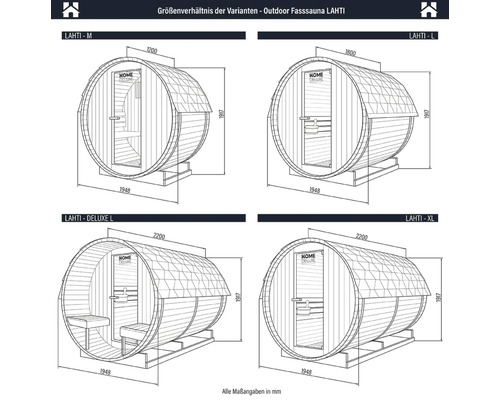 Poměr velikostí variant - venkovní sudová sauna LAHTI