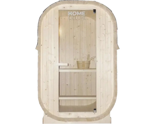 Sauna ze dřeva se skleněnými dveřmi a logem Home Deluxe