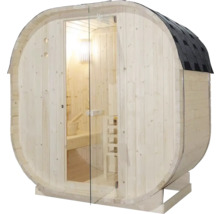 Sudová sauna se skleněnými dveřmi a šindelovou střechou