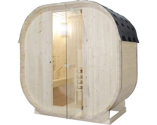 Sudová sauna se skleněnými dveřmi a šindelovou střechou