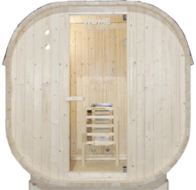 Dřevěná sudová sauna se skleněnými dveřmi a stoličkou