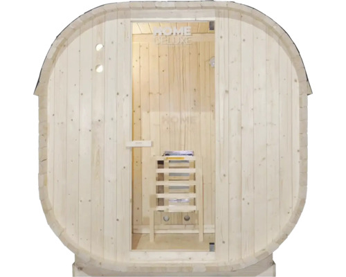 Dřevěná sudová sauna se skleněnými dveřmi a stoličkou