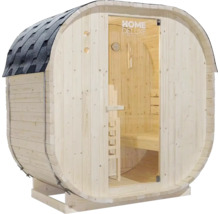 Sudová sauna se skleněnými dveřmi a šindelovou střechou