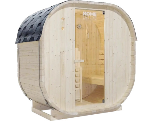 Sudová sauna se skleněnými dveřmi a šindelovou střechou
