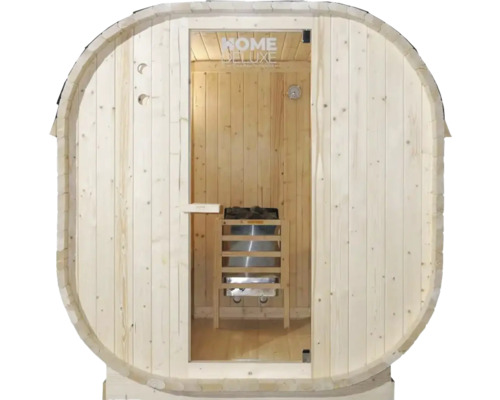 Sudová sauna se skleněnými dveřmi a saunovým topením
