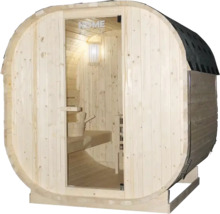Sudová sauna s prosklenými dveřmi a dřevěným interiérem