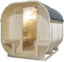 Dřevěná sudová sauna se skleněnými dveřmi a střešními šindeli
