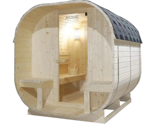 Dřevěná sudová sauna se skleněnými dveřmi a střešními šindeli