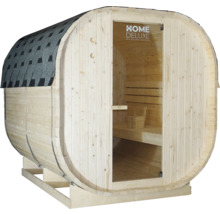 Dřevěná sudová sauna se skleněnými dveřmi a bitumenovými šindeli na střeše