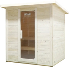 Dřevěná sauna se skleněnými dveřmi a logem Home Deluxe