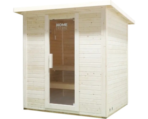 Dřevěná sauna se skleněnými dveřmi a logem Home Deluxe