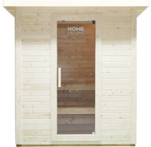 Sauna ze dřeva se skleněnými dveřmi a logem Home Deluxe