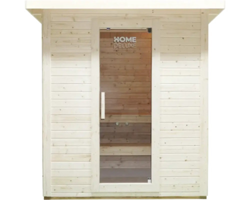 Sauna ze dřeva se skleněnými dveřmi a logem Home Deluxe