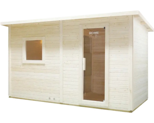 Dřevěná sauna s oknem a skleněnými dveřmi