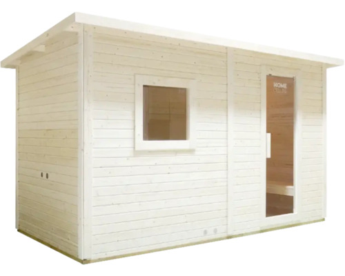 Dřevěná sauna s oknem a skleněnými dveřmi