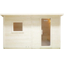 Dřevěná sauna s oknem a skleněnými dveřmi