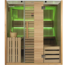 Sauna s dřevěnými lavicemi, dřevěným vědrem a skleněnými dveřmi