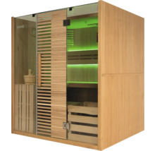 Dřevěná sauna se skleněnými dveřmi a vnitřním osvětlením