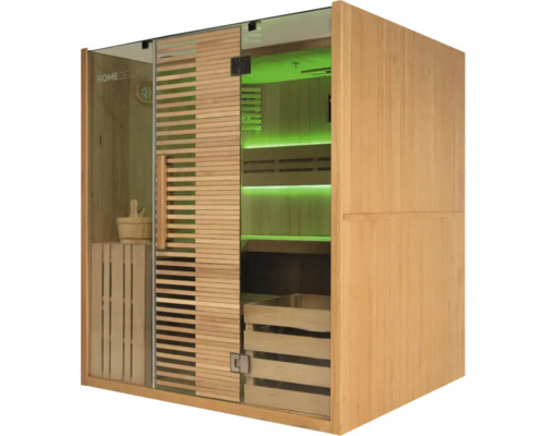 Dřevěná sauna se skleněnými dveřmi a vnitřním osvětlením