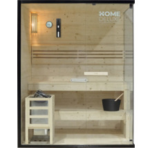 Dřevěná sauna s kamny, vědrem, naběračkou, přesýpacími hodinami, teploměrem a vlhkoměrem