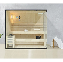 Sauna s dřevěnými lavicemi, kamny, lampou a skleněnou přední stěnou