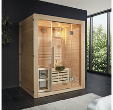 Vnitřní sauna se skleněnou přední stranou a dřevěnými prvky v koupelně