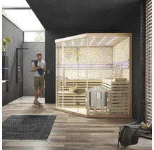 Moderní sauna se skleněnými prvky v koupelně se sprchou a umyvadlem