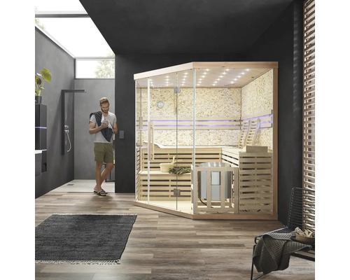 Moderní sauna se skleněnými prvky v koupelně se sprchou a umyvadlem