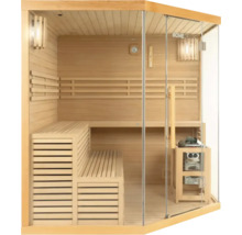 Dřevěná sauna se skleněnou přední stranou a lavicemi