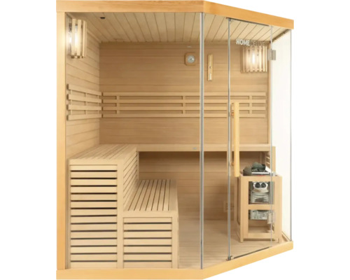 Dřevěná sauna se skleněnou přední stranou a lavicemi