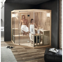 Světlá sauna se skleněnou přední stěnou a dvěma lidmi uvnitř