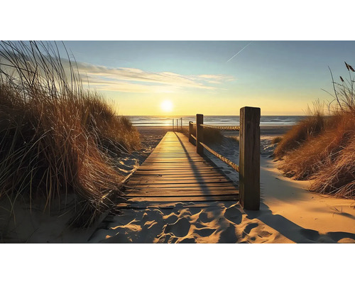 Obraz na plátně Molo 70 x 110 cm Dřevěná lávka na pláži s trávou v dunách a západem slunce