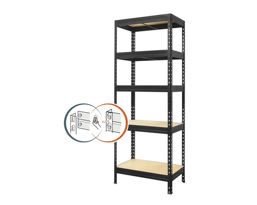 Kovový regál Kovona Praktik VRPRV1800753505C0001 1800x750x350 mm 5 polic černý Černý zásuvný regál s pěti úrovněmi a ilustrací snadné montáže.
