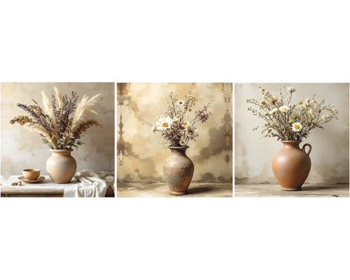 Nástěnný obraz sada Váza 30 x 90 cm Tři vázy s květinami na stole.